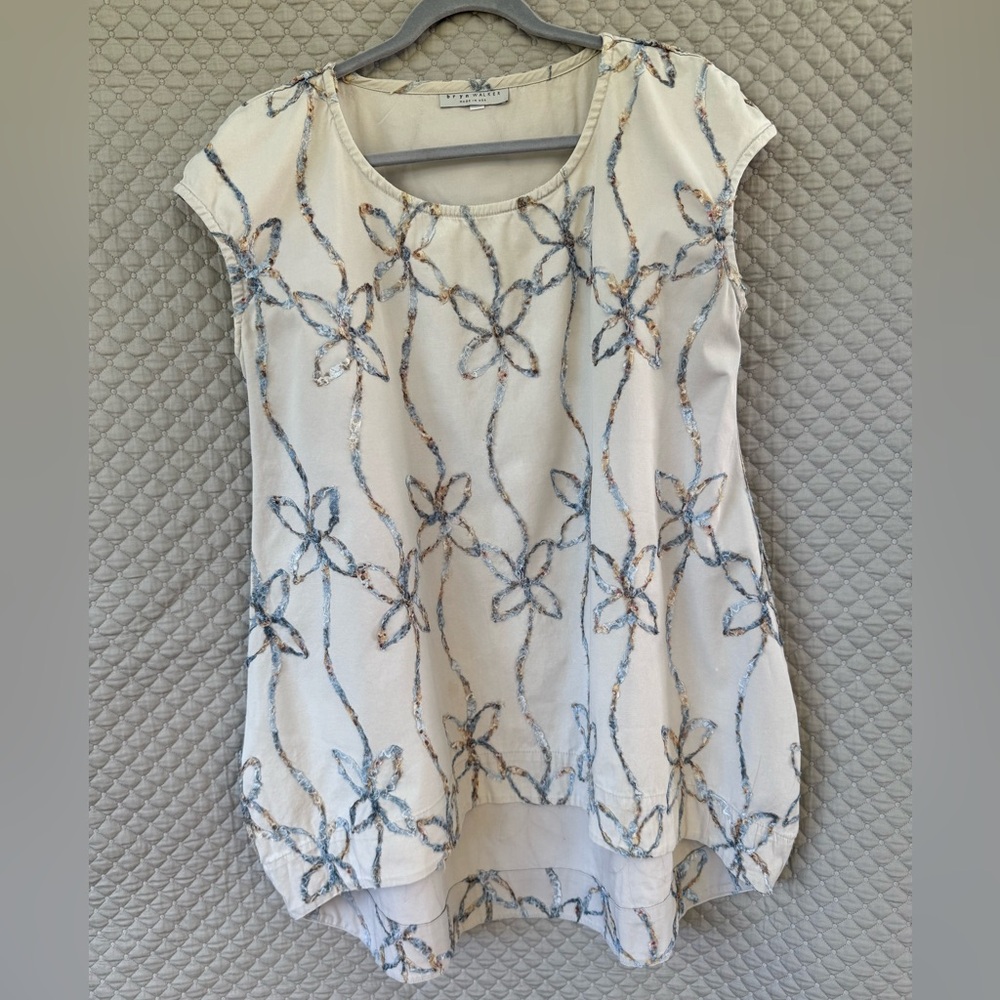 Bryn Walker Cotton  Cap Sleeve Embroidered Floral Tunic High Low Top M Beige